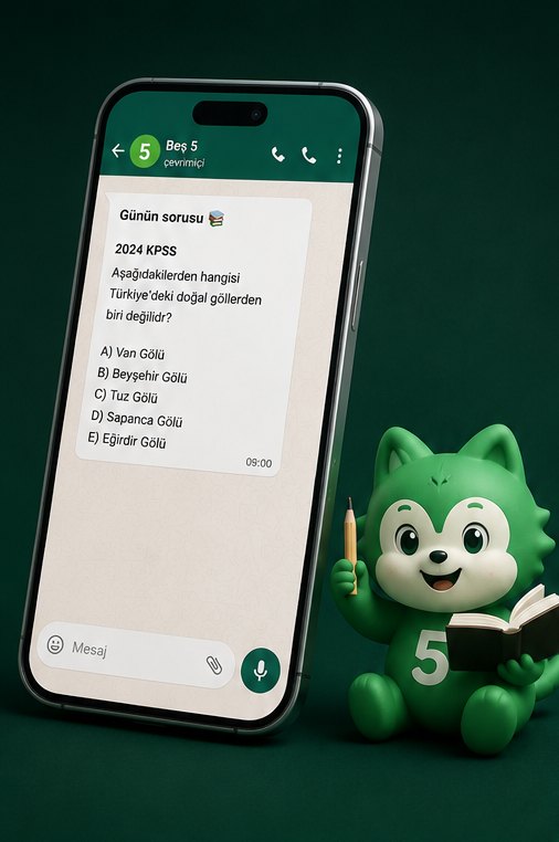 Beş 5 WhatsApp sohbetinde bir KPSS coğrafya sorusu; yanında Beş 5 maskotu, kitaplar ve defter
